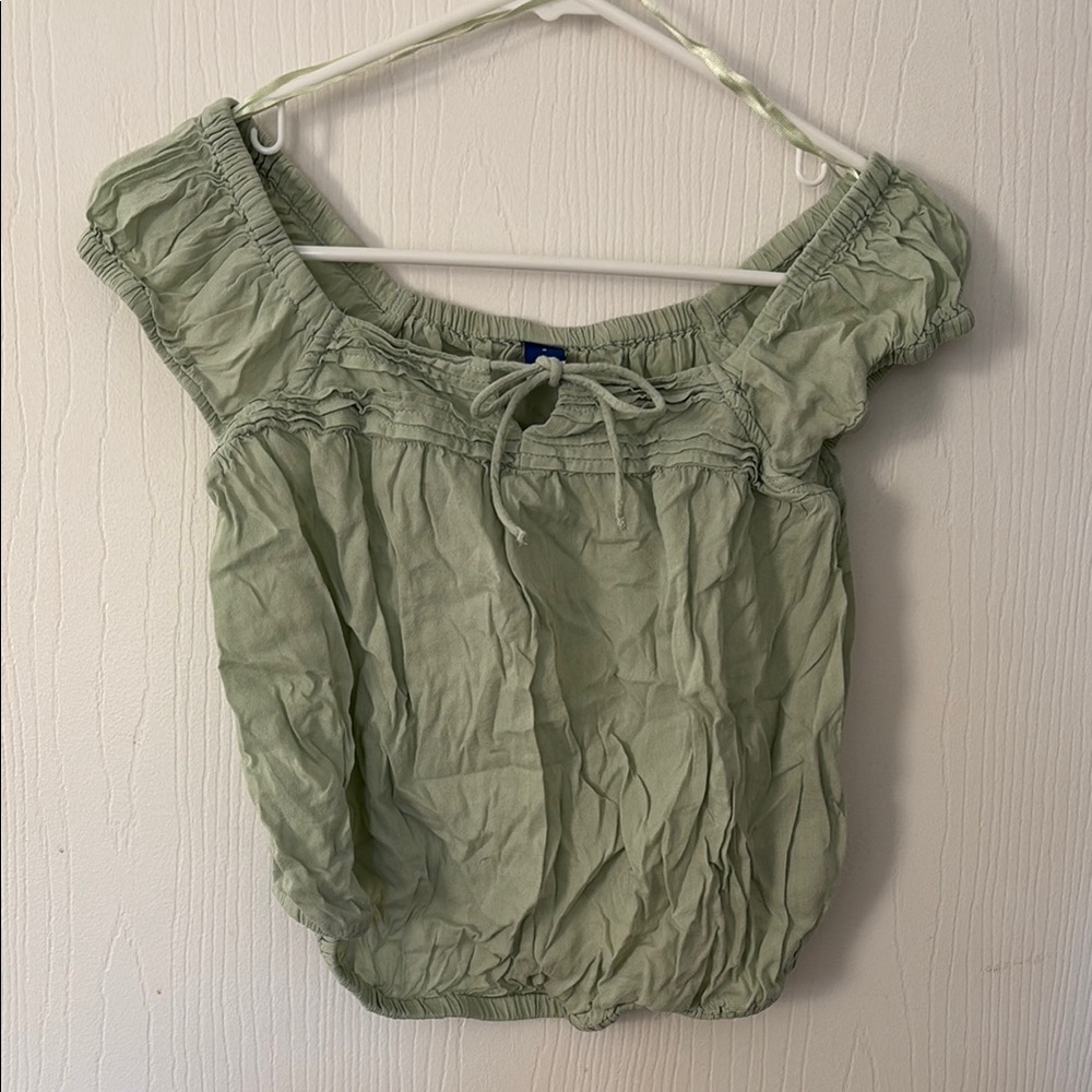 Old Navy Green Puff Sleeve Blouse with Smocked Tie Front